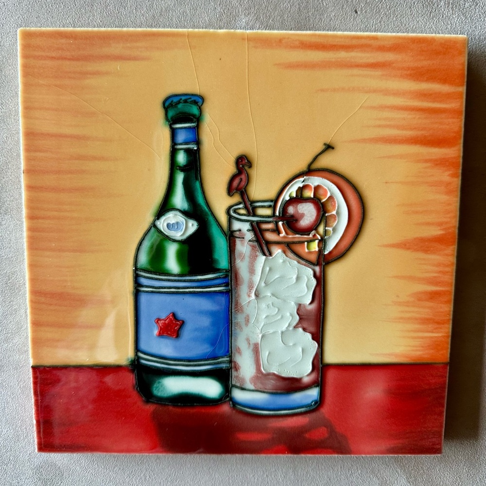 Bar plaque with Bottle and Dressed Cocktail. Wall mount. Gorgeous colors!
